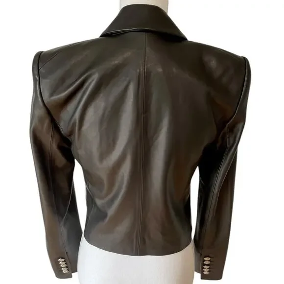 Veronica Beard Nevis Lamb Leather Blazer Jacket Cropped Black Silver Size 0‎ - Picture 10 of 11